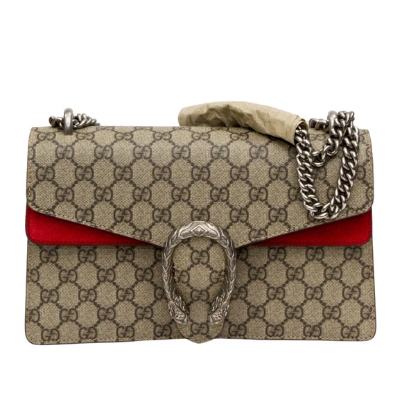 GUCCI DIONYSUS GG COATED CANVAS SUEDE RED SHOULDER BAG - Picture 1 of 7